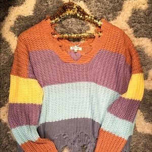 Multi-Color Stripe Distressed Sweater